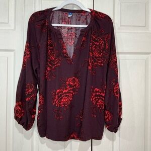 🍓 Old Navy Dark Floral Rose Blouse Burgundy and Red Lightweight- 2X